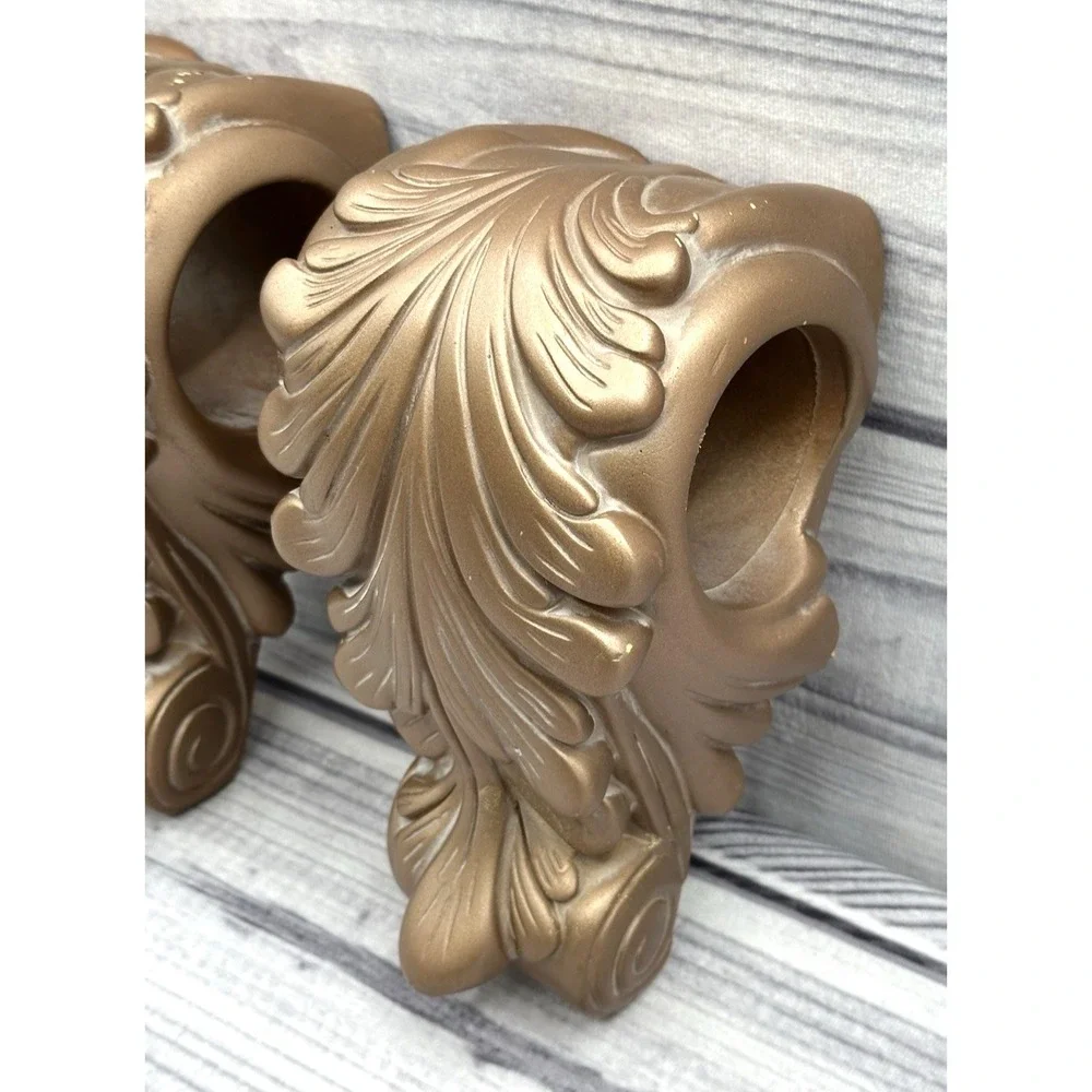 PAIR OF‎ VINTAGE GOLD RESIN WALL CORBEL DRAPERY SCONCES CURTAIN ROD SWAG HOLDERS